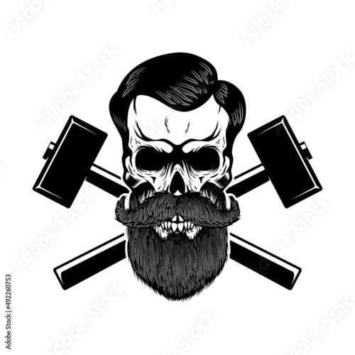 Blacksmith skull with crossed hammers. Design element for logo, label, sign, emblem. Vector illustration