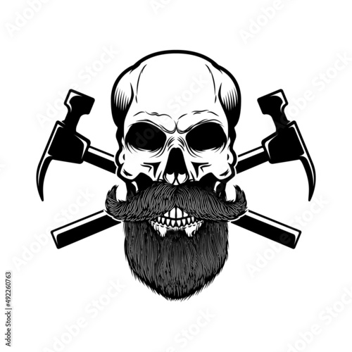 Blacksmith skull with crossed hammers. Design element for logo, label, sign, emblem. Vector illustration