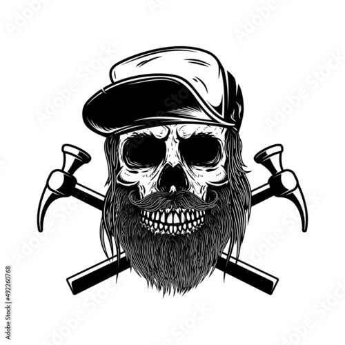 Blacksmith skull with crossed hammers. Design element for logo, label, sign, emblem. Vector illustration