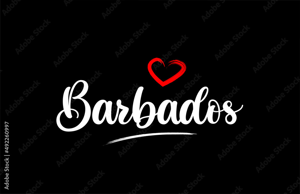 Barbados country with love red heart on black background