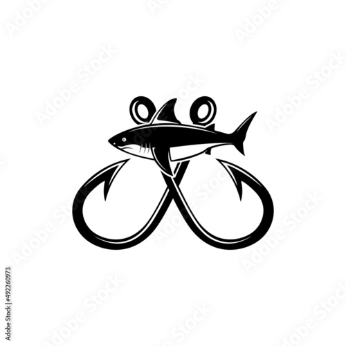 Shark and fishing hook. Design element for emblem, sign, badge, logo. Vector illustration