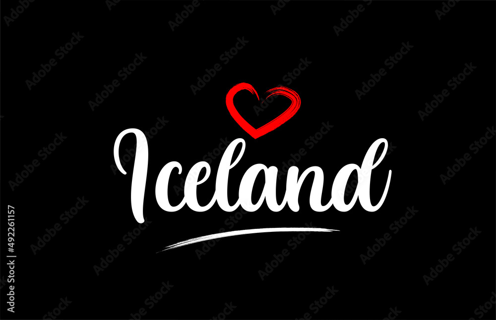 Iceland country with love red heart on black background Iceland country with love red heart on black background