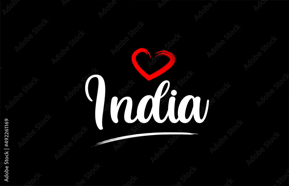 India country with love red heart on black background