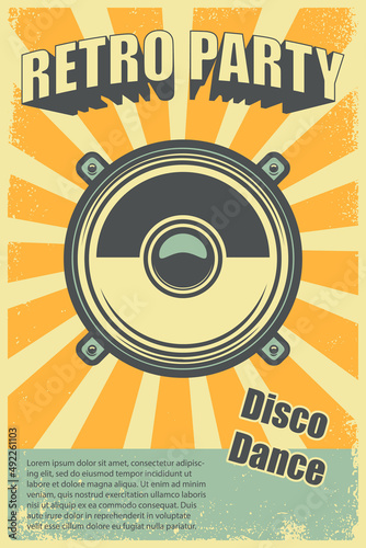 Retro party. Poster template with retro style boombox. Design element for banner  sign  flyer. Vector illustration