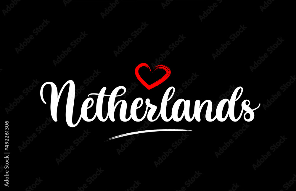 Netherlands country with love red heart on black background