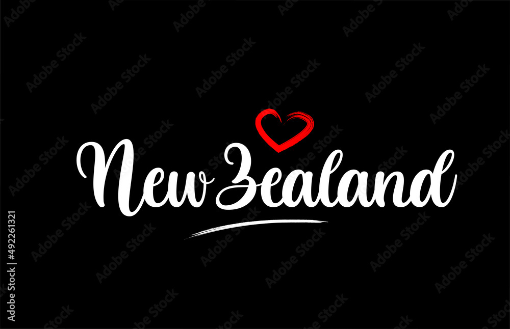 New Zealand country with love red heart on black background