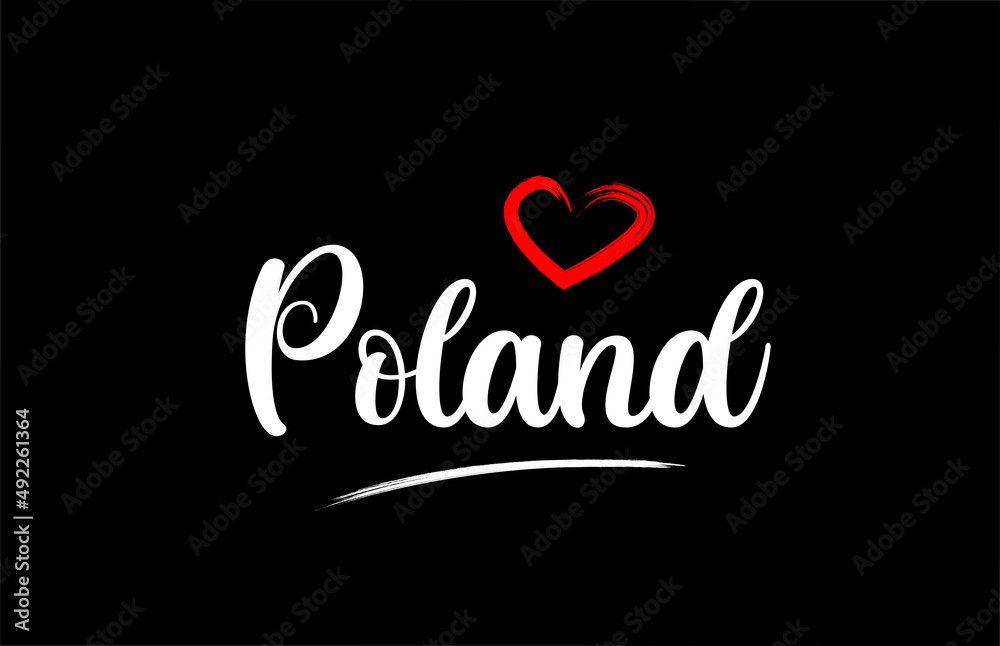 Poland country with love red heart on black background