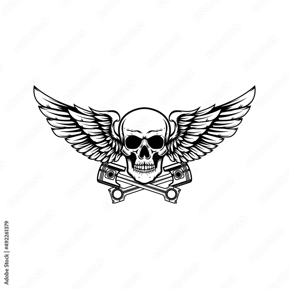 Obraz premium Winged skull with crossed pistons. Design element for emblem, sign, badge, logo. Vector illustration