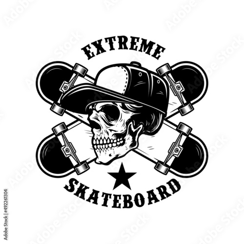 Skateboarder skull with crossed skateboards. Design element for logo, label sign, poster, t shirt. Vector illustration