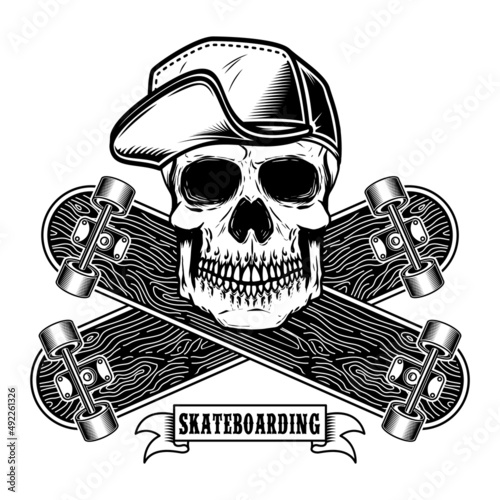Skateboarder skull with crossed skateboards. Design element for logo, label sign, poster, t shirt. Vector illustration