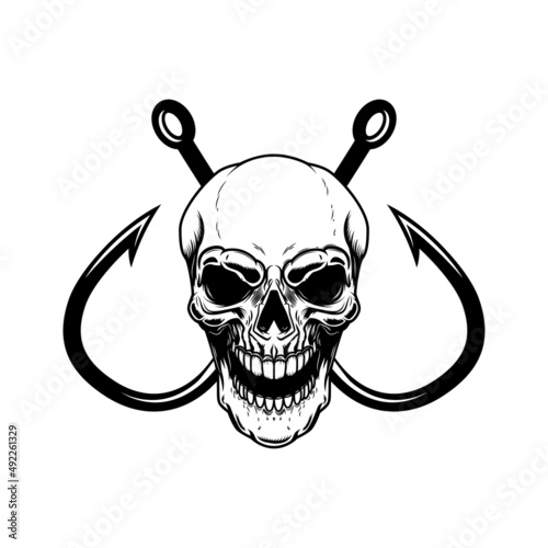 Skull with crossed fishing hooks. Design element for logo, label, sign, emblem. Vector illustration