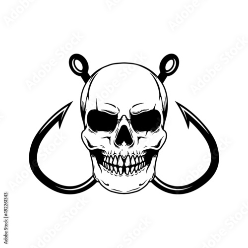 Skull with crossed fishing hooks. Design element for logo, label, sign, emblem. Vector illustration