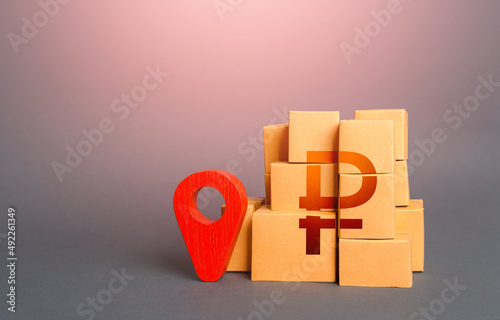 Boxes with russian ruble symbol and red location pin. Import export. Supply distribution of goods. Transportation delivering logistics, management. Trade in goods. Domestic manufacturer.