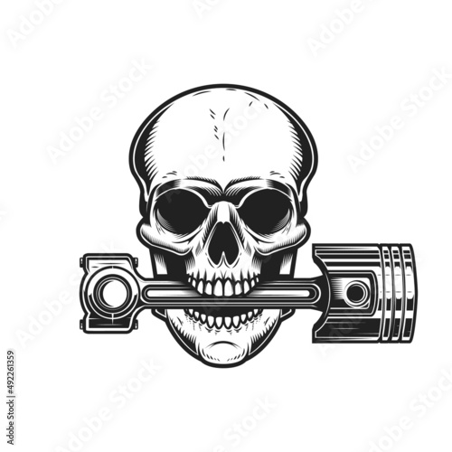 Biker skull with piston in teeth. Design element for logo, label, sign, emblem. Vector illustration