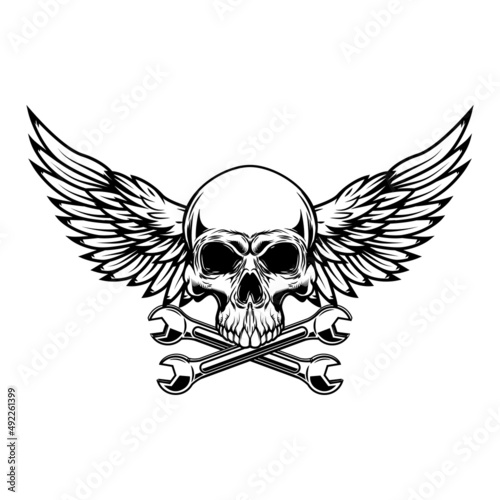 Winged skull with crossed wrenches. Design element for emblem, sign, badge, logo. Vector illustration