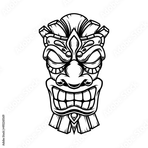 Illustration tiki statue in monochrome style. Design element for logo, label, sign, poster, card. Vector illustration