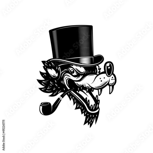 Illustration of wolf in vintage hat and with smoking pipe. Design element for logo, label, sign, poster, card. Vector illustration