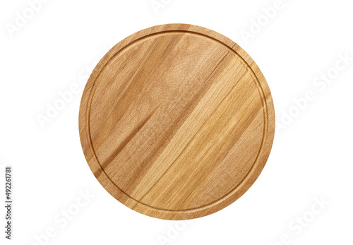 Round cutting board wooden for pizza, empty, isolated on white background with clipping path.