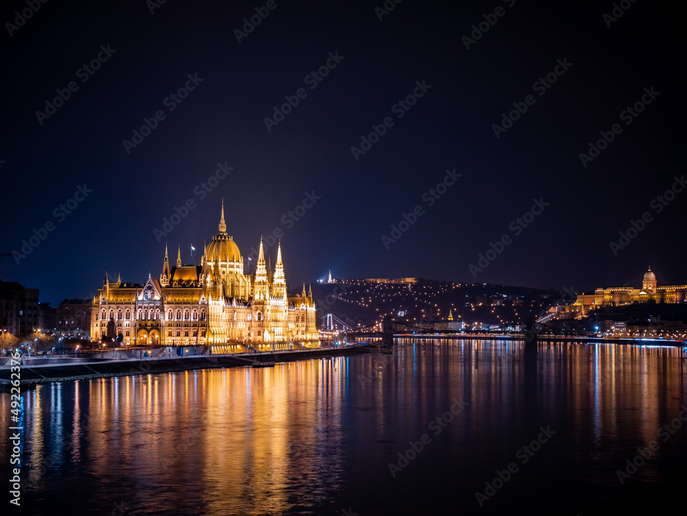 Budapest parliament at night with Danube and city lights