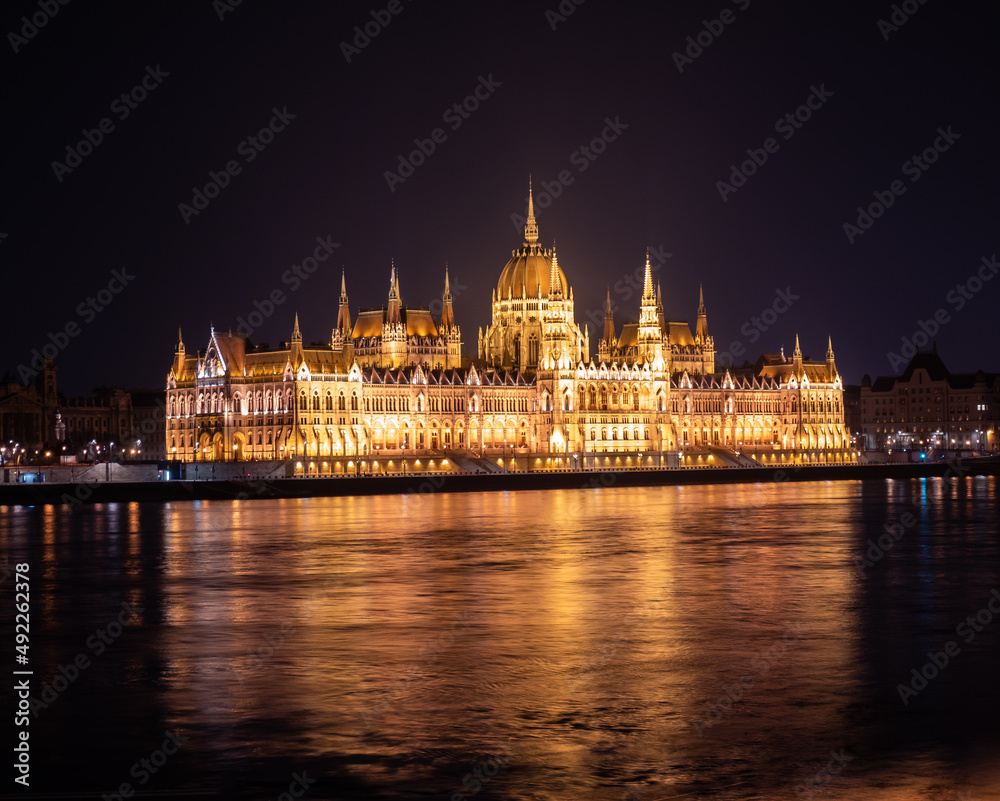 Budapest parliament at night with Danube and city lights