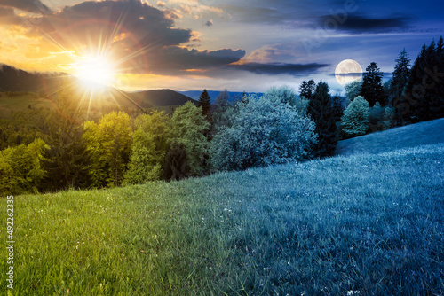 day and night time change in carpathian mountains. beautiful nature scenery in spring. landscape with fresh green meadows and forest with sun and moon. clouds on the sky above the distant ridge © Pellinni