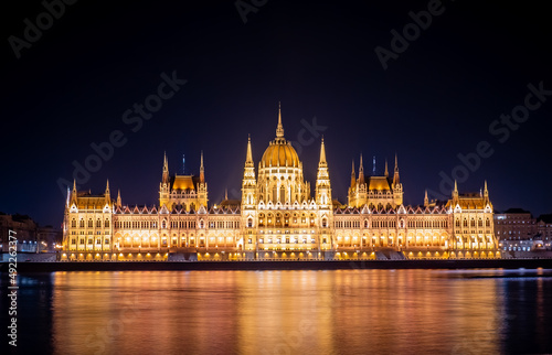 Budapest parliament at night with Danube and city lights