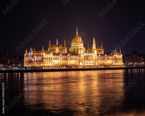 Budapest parliament at night with Danube and city lights