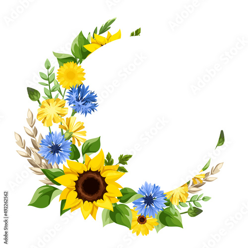 Floral greeting or invitation card design with blue and yellow sunflowers, cornflowers, dandelion flowers, ears of wheat, and green leaves. Vector floral circle frame