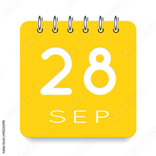 28 day of the month. September. Cute yellow calendar daily icon. Date day week Sunday, Monday, Tuesday, Wednesday, Thursday, Friday, Saturday. Cut paper. White background. Vector illustration.