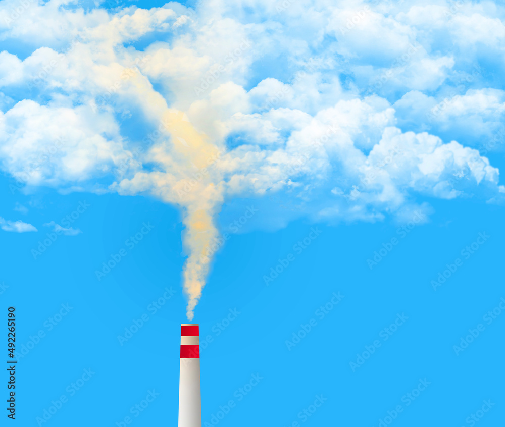 Yellow smoke from an industrial source mixes with a white clouds in a blue sky above in a 3-d illustration about air pollution.