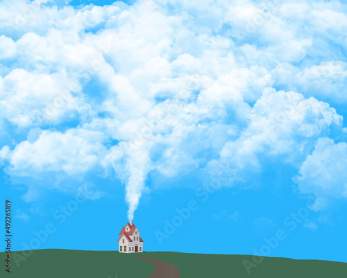 Smoke from a home fireplace rises from the chimmney and mingles with the clouds and sky above in a 3-d illustration about air pollution. photo