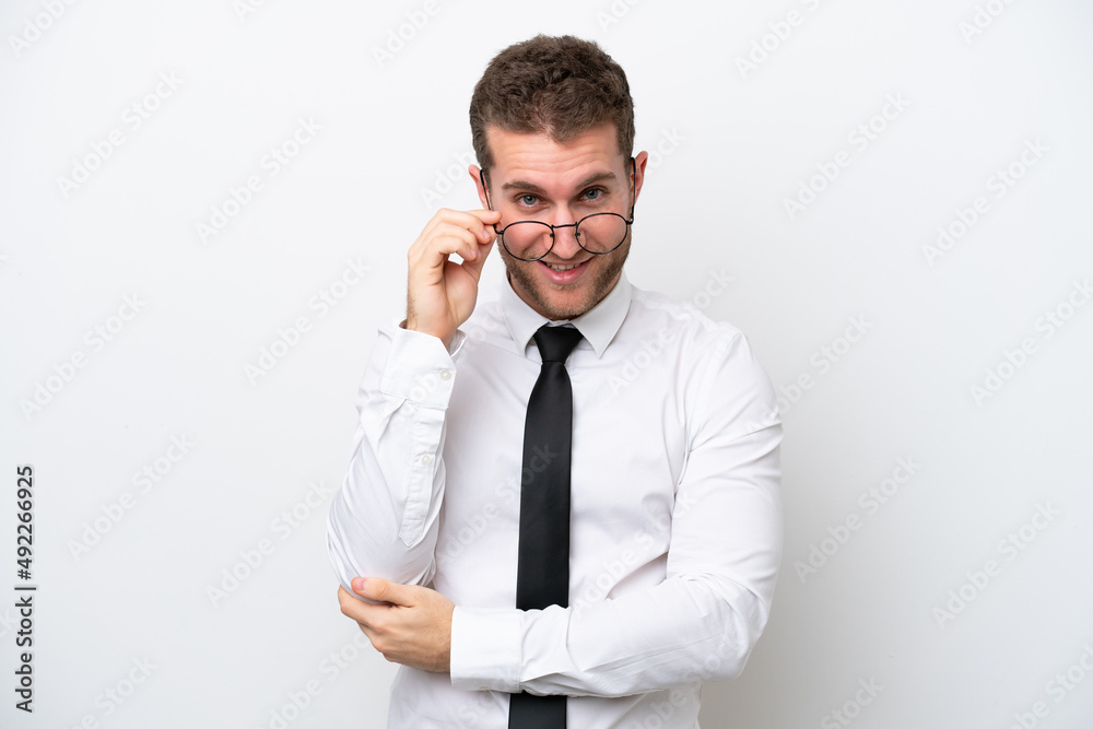 Young business caucasian man isolated on white background with glasses and happy Young business caucasian man isolated on white background with glasses and happy