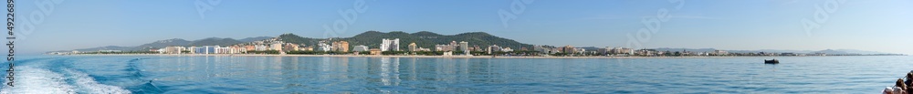 View from the sea towards Costa Brava coast, Catalonia, Spain.