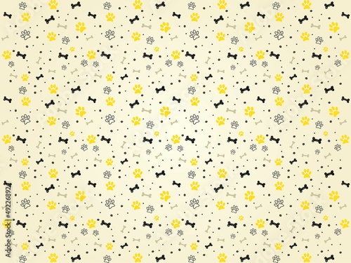 Dog paws and little bones vector black and yellow pattern. Pet dog footprint.