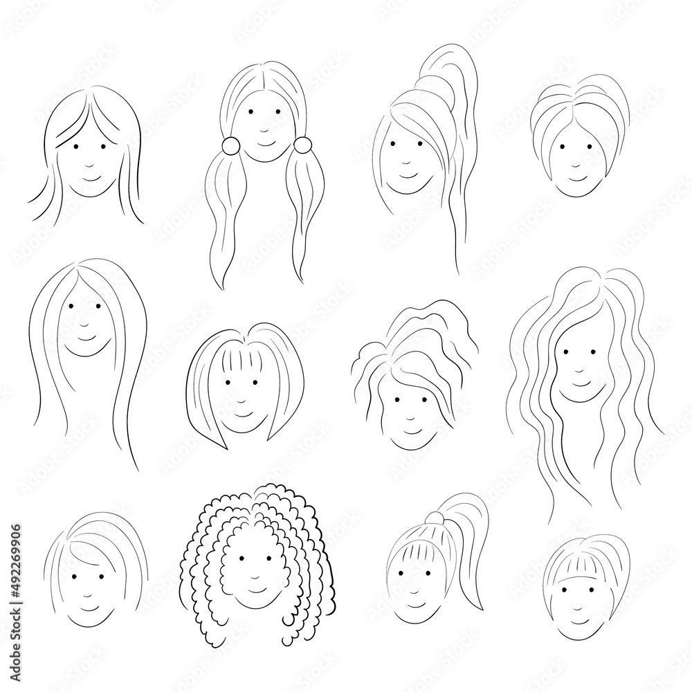 Smiling girl faces with different hairstyles on white background. Girl avatars vector illustration. Smiling girl faces with different hairstyles on white background. Girl avatars vector illustration.