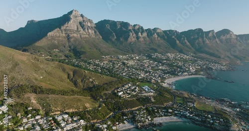 Spectacular aerial fly over view of Clifton,Camps Bay, Table Mountain,The 12 Apostles mountain range,Cape Town, South Africa