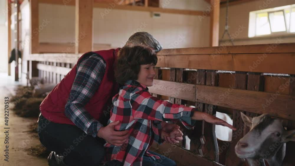 Happy handsome man farmer with son smiling stroking feeding goat in barn with livestock. Ranch, rural. Indoors in village. Close up. Goat farm. Slow motion
