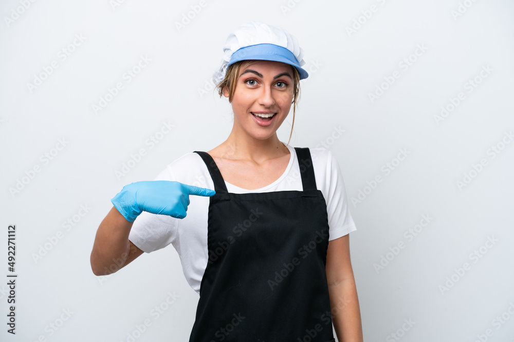 Fishwife woman isolated on white background with surprise facial expression