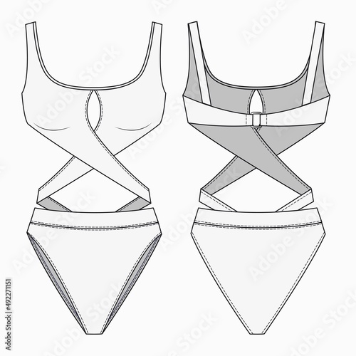 Women Swimsuit fashion technical drawing template. Swimwear fashion flat template. Sportswear fashion design.