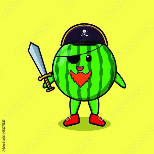 Cute cartoon mascot character watermelon pirate with hat and holding sword in modern design