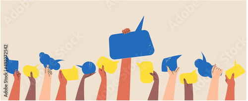 People's hands exchange ideas and holding speech bubble with supporting vote. Team cooperation and communication banner template. Diversity multicultural group with message cartoon vector illustration