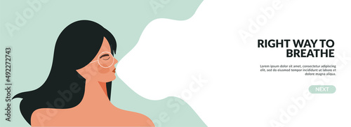 Calm breathing woman with closed eyes Wellness female character practice deep breathing. Young modern girl doing inhale exhale breath exercise for stress relief. Flat vector illustration for banner photo