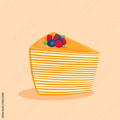 Piece of honey cake decorated with berries. Vector illustration. Cake slice with many layers.