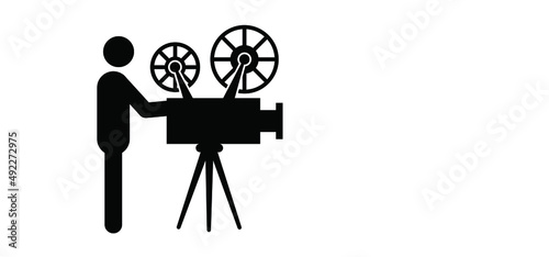 Stickman, stick figure and Ood retro movie and film, background in flat style. Theater screen, premiere signs. Vector cinema camer film projector, flat concept icon. Template for poster, banner