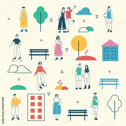 Characters spend leisure time in spring park set. Active pastime on nature at park. Lake with swan and wooden benches from parks