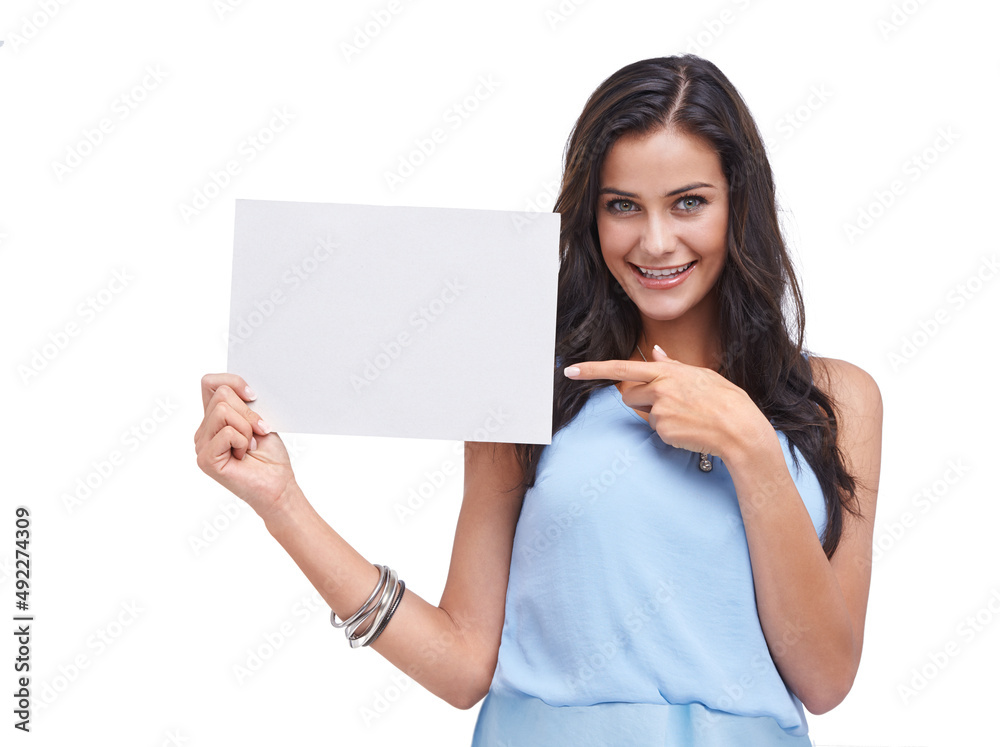 Your business here. A cute brunette holding up a blank sign - isolated. Your business here. A cute brunette holding up a blank sign - isolated.