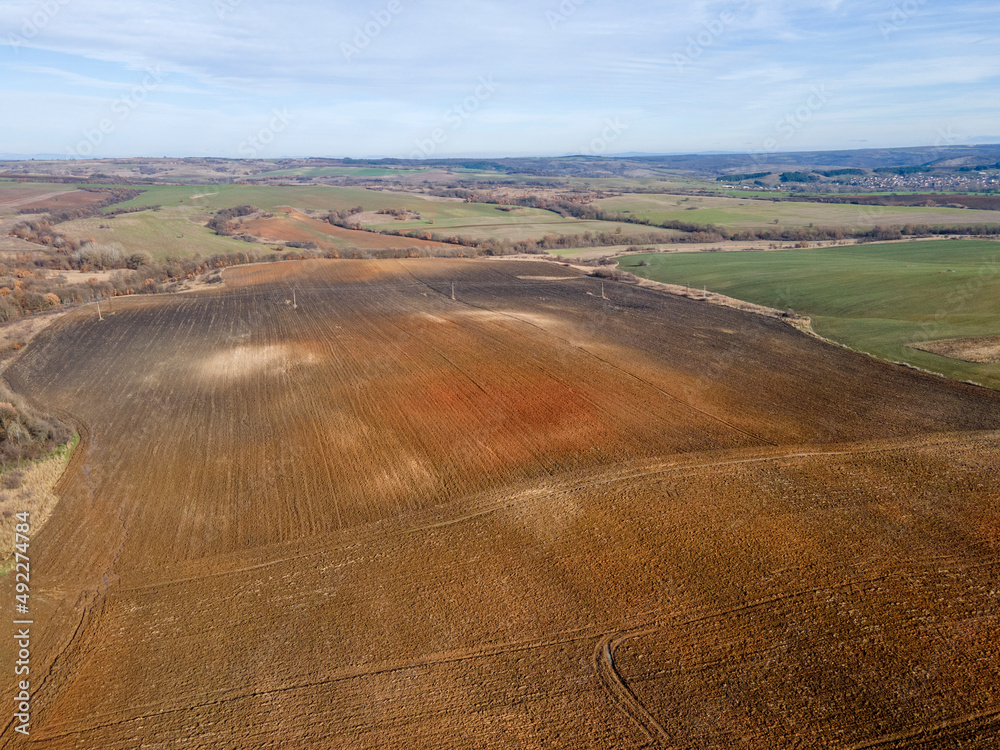Obraz premium Aerial view of Sakar Mountain near town of Topolovgrad, Bulgaria