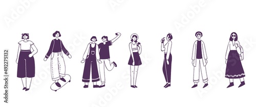 Big set group of diverse flat cartoon characters style young people couples in different poses standing together isolated on white background.