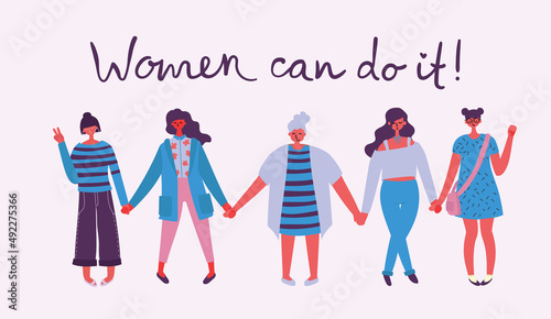 Diverse international and interracial group of standing women. We are stronger together text. For girls power concept, feminine and feminism ideas, woman empowerment cards design.