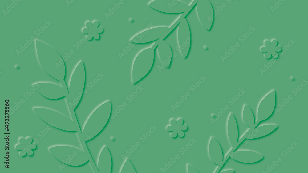 Spring design with different shapes of plant leaves and flowers over green background. Vector illustration.